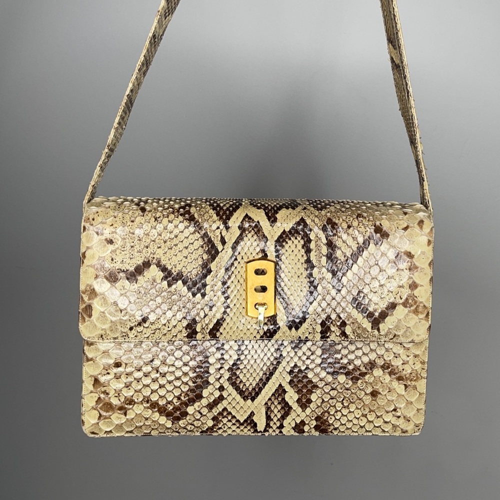 Vintage Judith Lieber Snakeskin Expandable Crossbody Beige / Gold